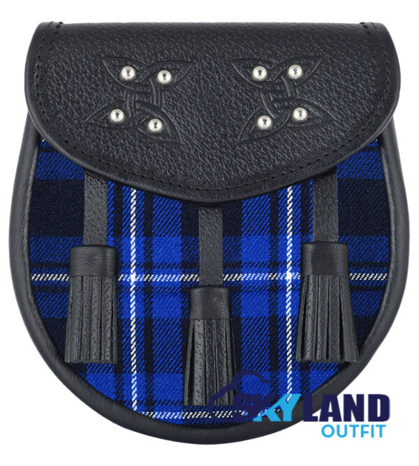 Ramsey Blue Tartan Sporran Black Leather Scottish Sporran