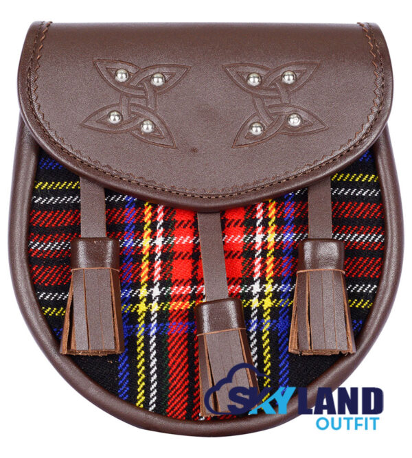 Black Stewart Tartan Sporran Brown Leather Scottish Sporran