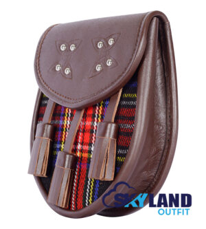 Black Stewart Tartan Sporran Brown Leather Scottish Sporran - Image 3