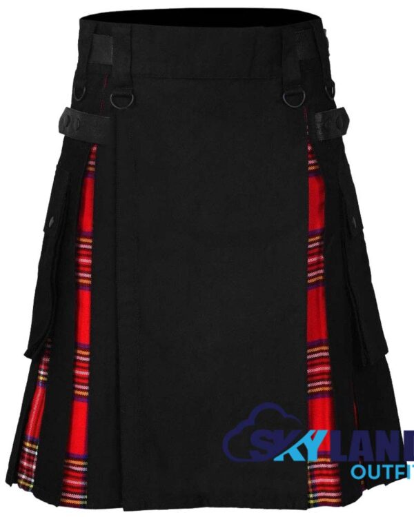black-royal-stewart-inner-1.jpg Hybrid Utility Kilts - Black Cotton & Royal Stewart Tartan Kilt