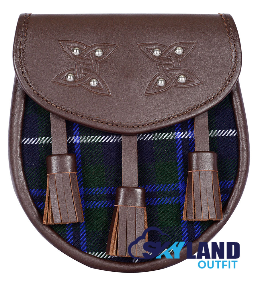 Blue Douglas Tartan Sporran Brown Leather Scottish Sporran