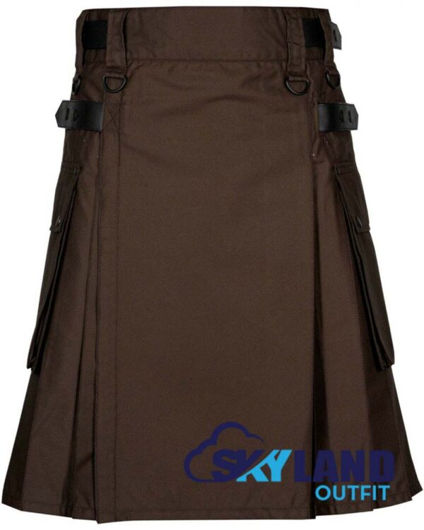 Brown Cotton Utility Kilt with adjustable Leather Straps