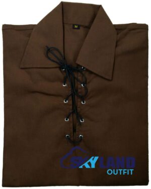 Jacobite Ghillie Kilt Shirt Brown Cotton Jacobean Full Sleeve Shirt - Image 3