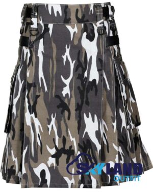 Grey Camouflage Utility Kilt with adjustable Leather Straps