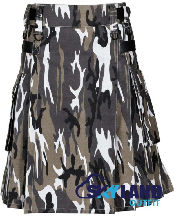 Grey Camouflage Utility Kilt with adjustable Leather Straps