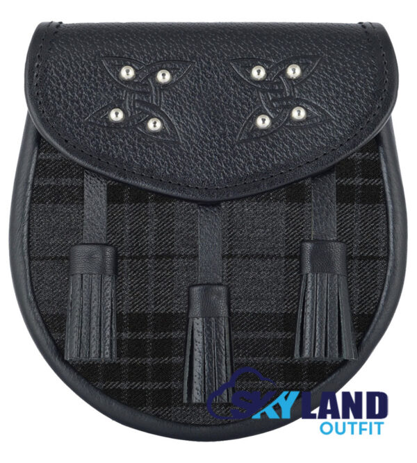 grey-watch-tartan-black-leather-sporran.jpg Grey Watch Tartan Sporran Black Leather Scottish Sporran